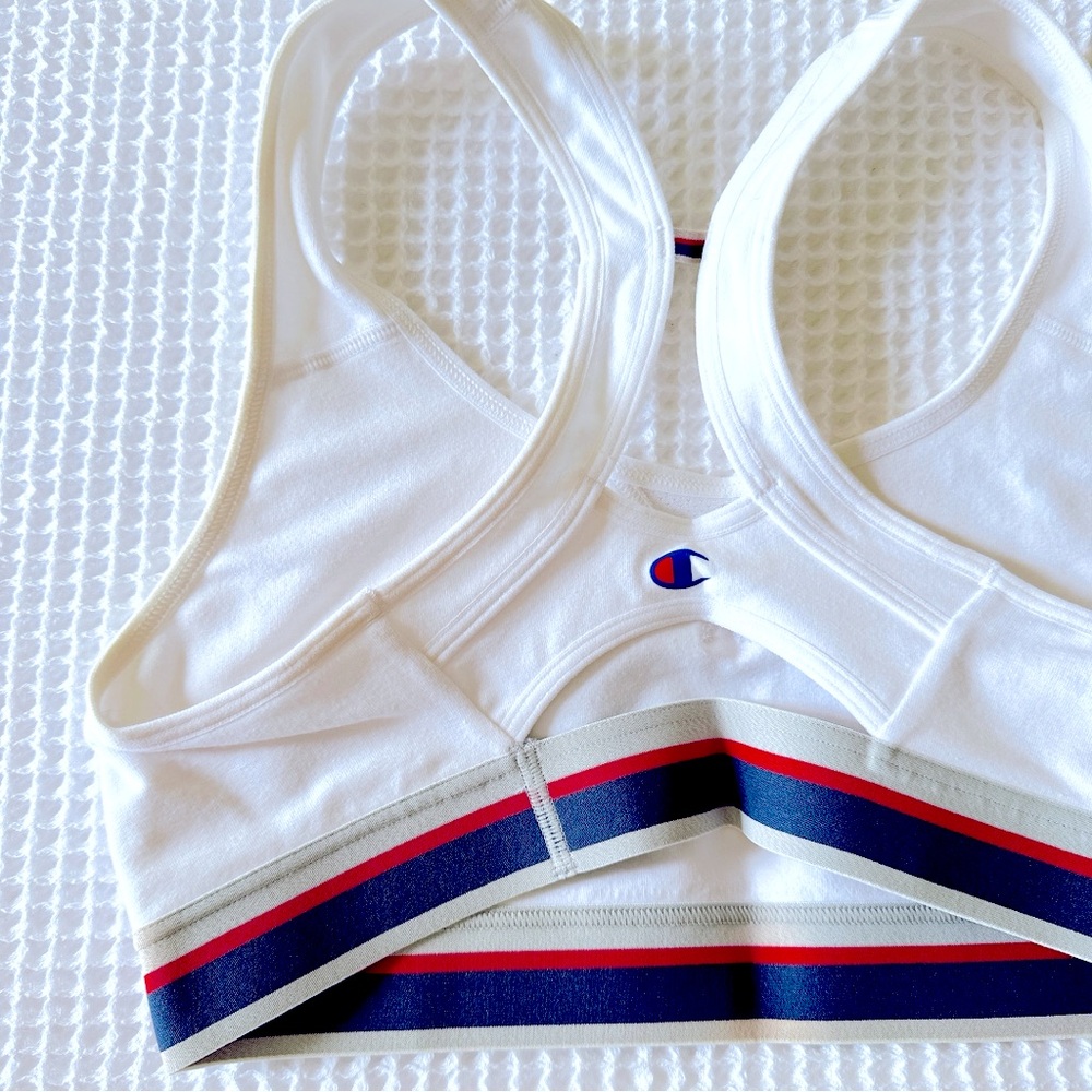 NEW♥️CHAMPION RACERBACK SPORTS BRA M WHITE RED BLUE TRICOLORE YOGA WORKOUT